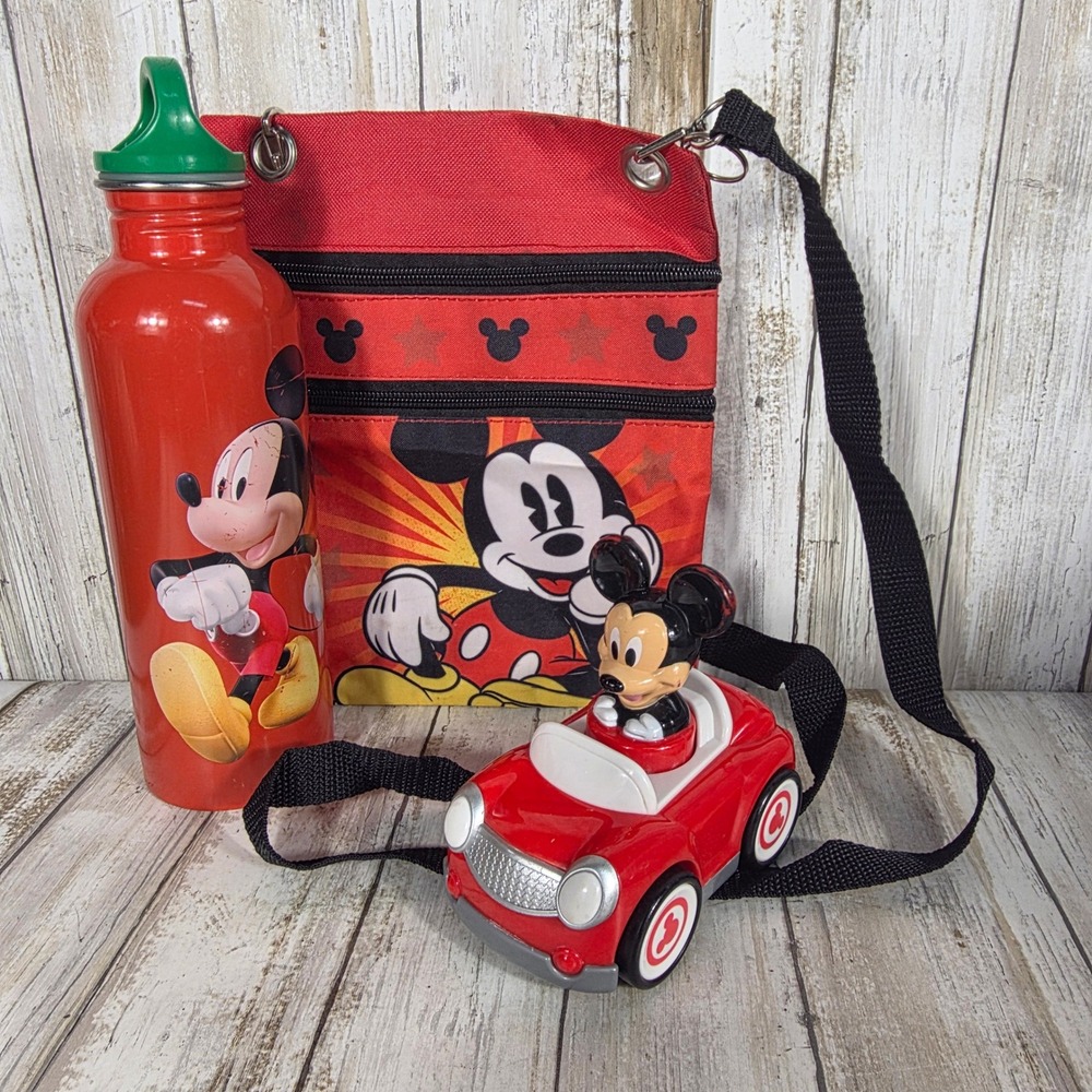 Disney Mickey Mouse Red Crossbody Bag Water Bottle and Toy Car Bundle 3pc Set